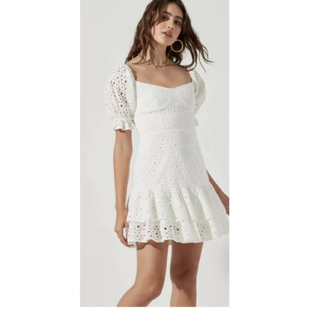 ASTR The Label Roseville Pointelle Mini Dress Eyelet Puff Sleeves White Womens M